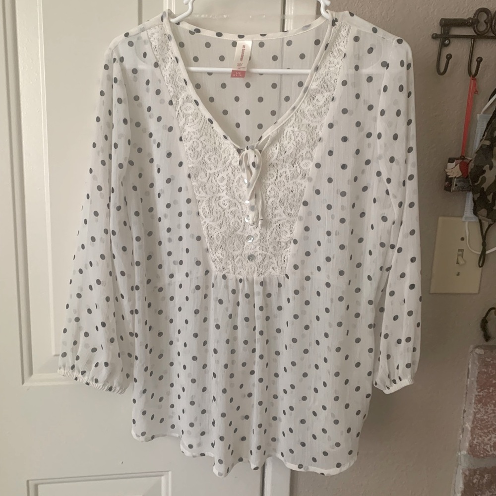 Sheer White Top with Black Polka Dots and Lace/Buttons